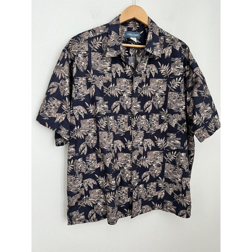 Cooke Street Mens 2XL Aloha Hawaiian Shirt Button Down Blue Tan Excellent Palm